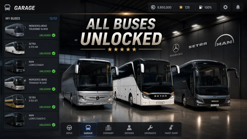 Garage screen in Bus Simulator Ultimate with all premium buses unlocked including Mercedes and Setra models.