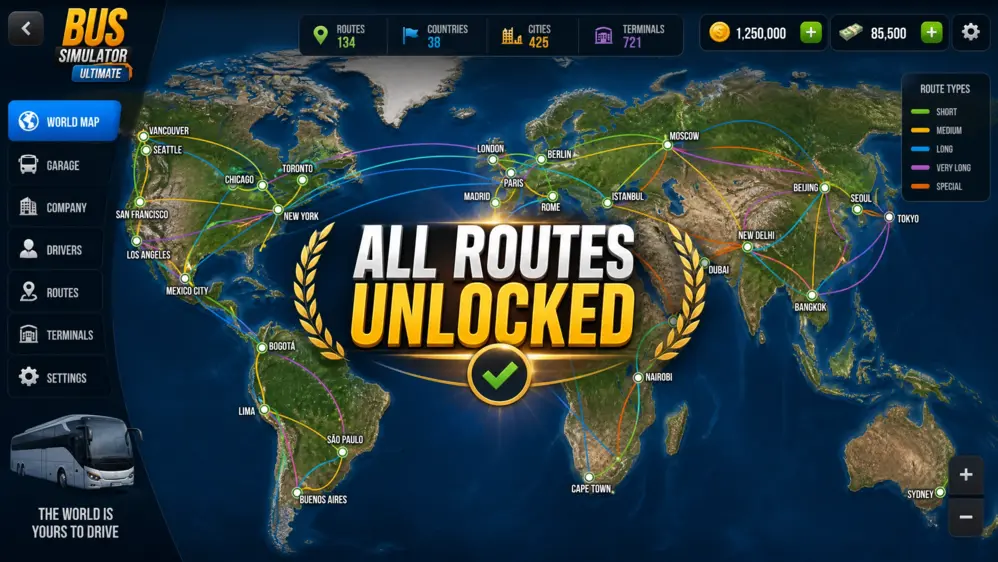 World map interface in Bus Simulator Ultimate with all international routes unlocked across the globe.