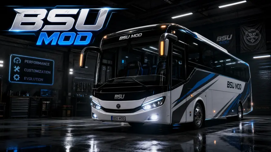 BSU Mod interface showing a modern bus in a high-tech garage with performance and customization icons.