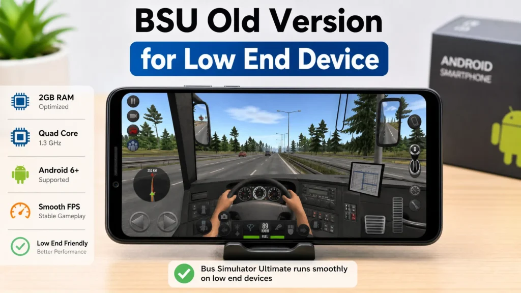 A budget Android smartphone smoothly running the cockpit view of Bus Simulator Ultimate Old Version.