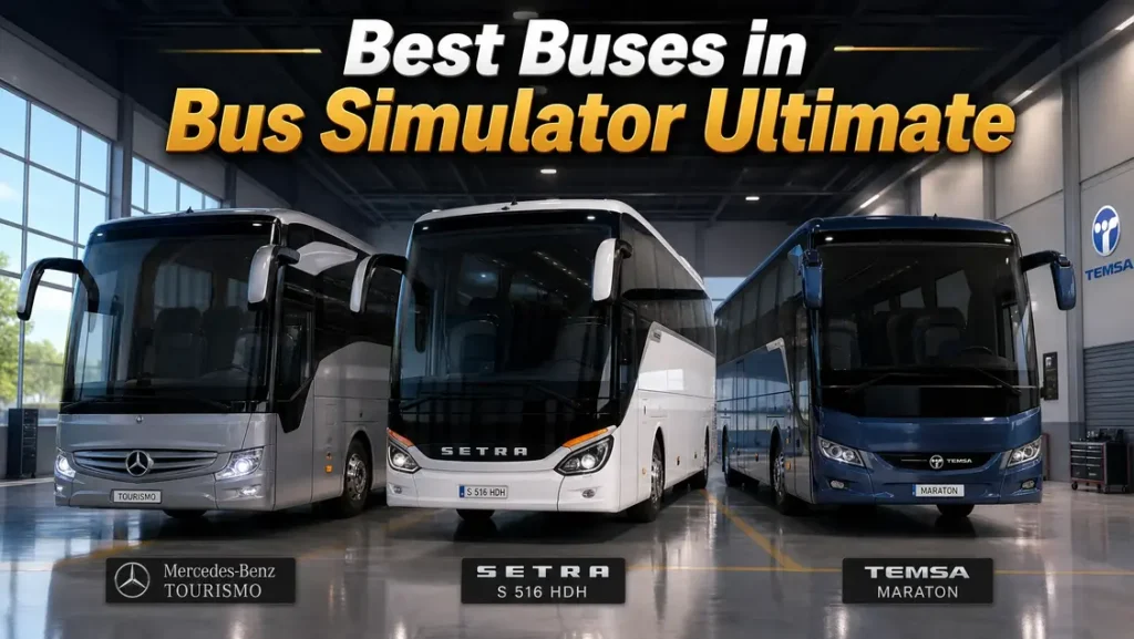 A collection of the best buses in Bus Simulator Ultimate parked in a modern garage.