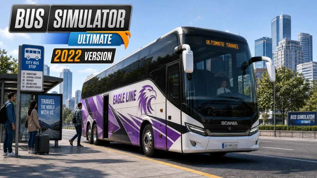 A Scania bus with a custom 'Eagle Line' livery parked at a city bus stop in the 2022 version of BSU.
