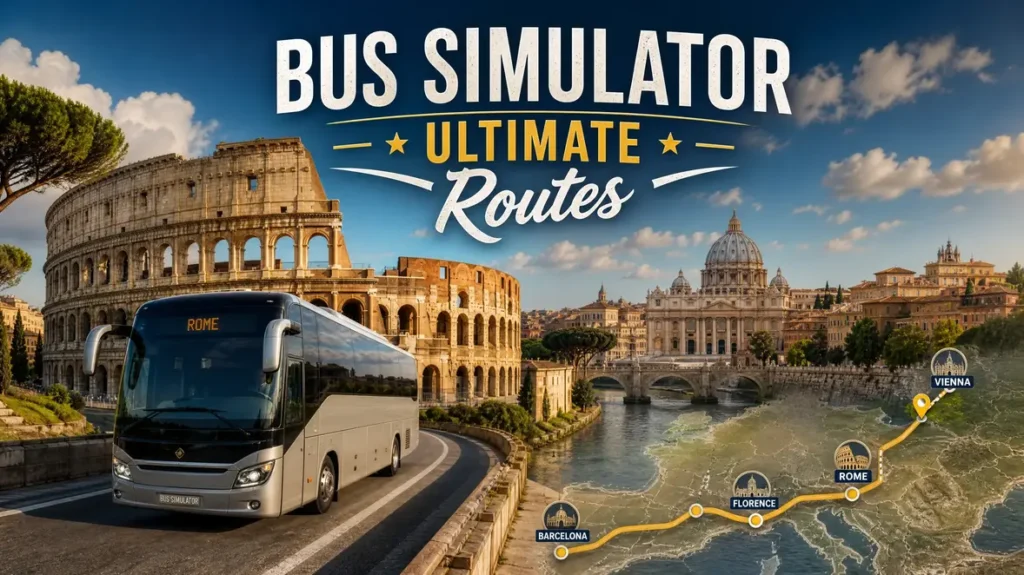 Bus Simulator Ultimate Routes showing a bus in Rome with a global map trail.