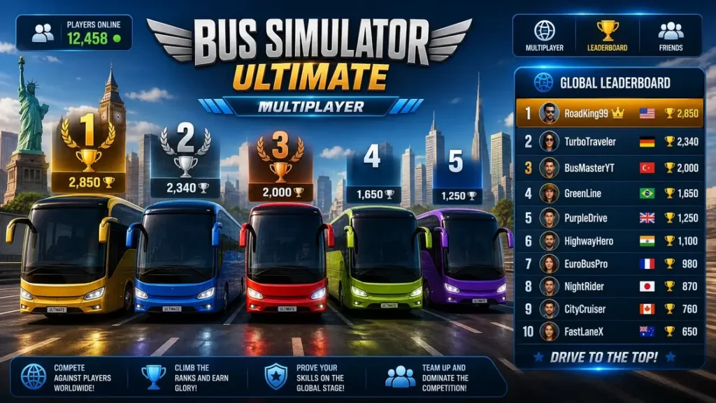 Bus Simulator Ultimate Multiplayer global ranking leaderboard with luxury buses and trophies.