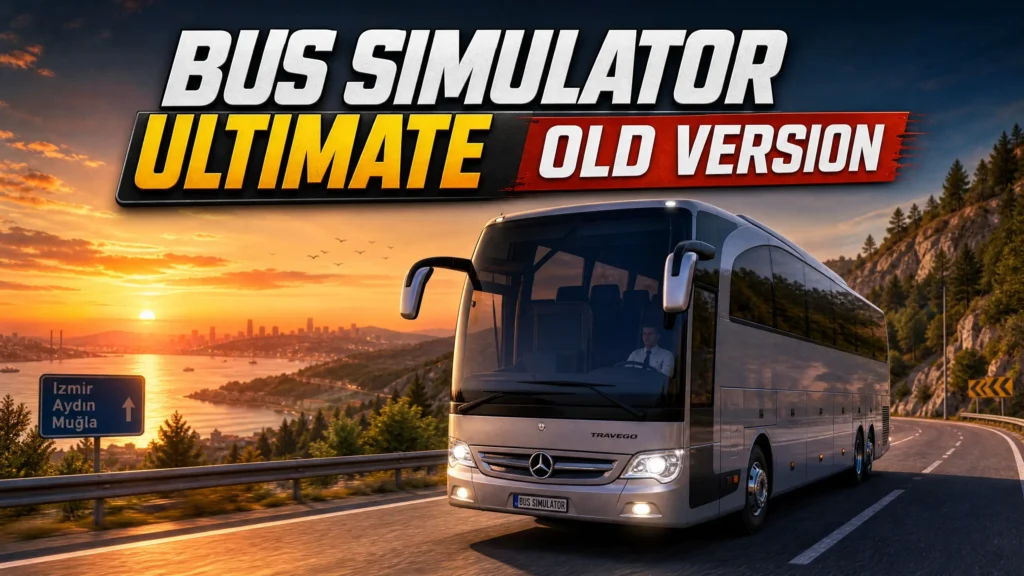 A classic Mercedes-Benz Travego bus driving on a highway during sunset, representing Bus Simulator Ultimate Old Version.