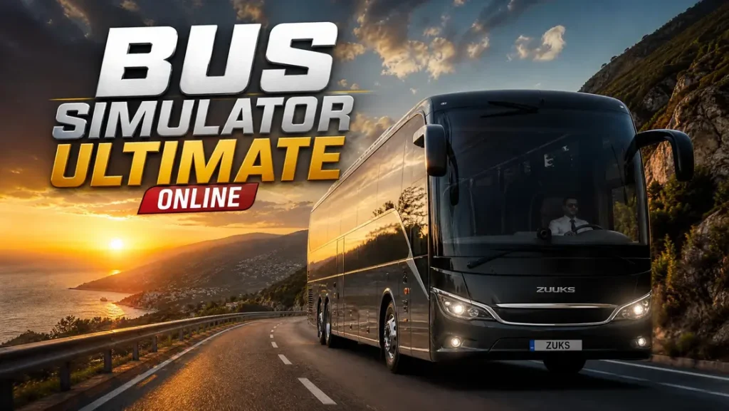 Bus Simulator Ultimate Online luxury coach driving on a scenic mountain road at sunset.