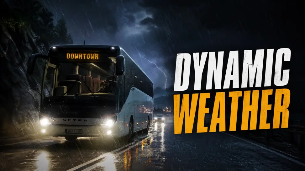  Bus Simulator Ultimate gameplay showing a bus driving in heavy rain at night with wet road reflections.
