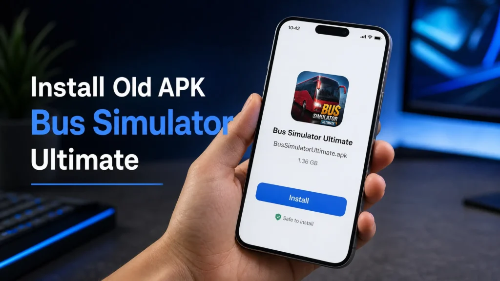 A hand holding a smartphone showing the APK installation screen for Bus Simulator Ultimate.