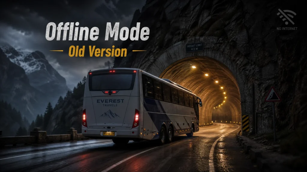 A bus driving through a dark mountain tunnel with an offline mode indicator, showing gameplay without internet.
