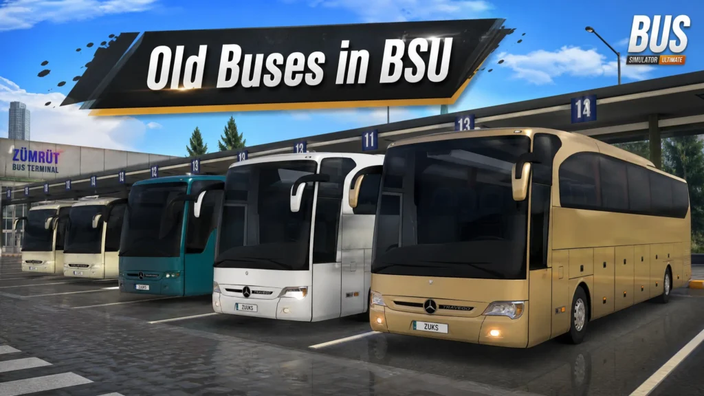 A row of classic coach buses like Travego and Tourismo parked at a bus terminal in Bus Simulator Ultimate.