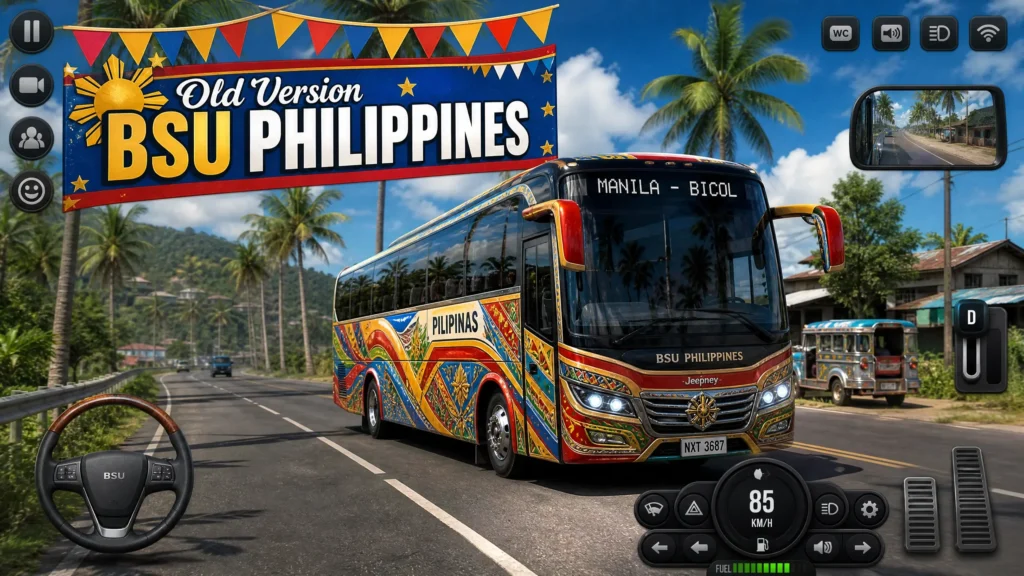 A bus with colorful Filipino Jeepney-style patterns driving on a tropical road in Bus Simulator Ultimate.