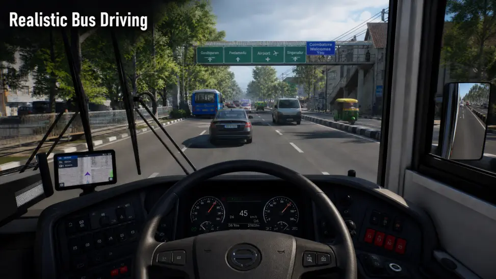 First-person cockpit view showing realistic bus driving in a city with detailed dashboard.