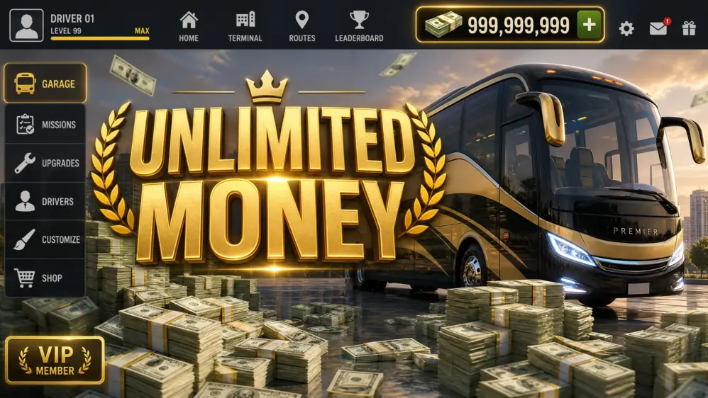  Bus Simulator Ultimate Mod UI showing unlimited money and gold counters with stacks of cash.