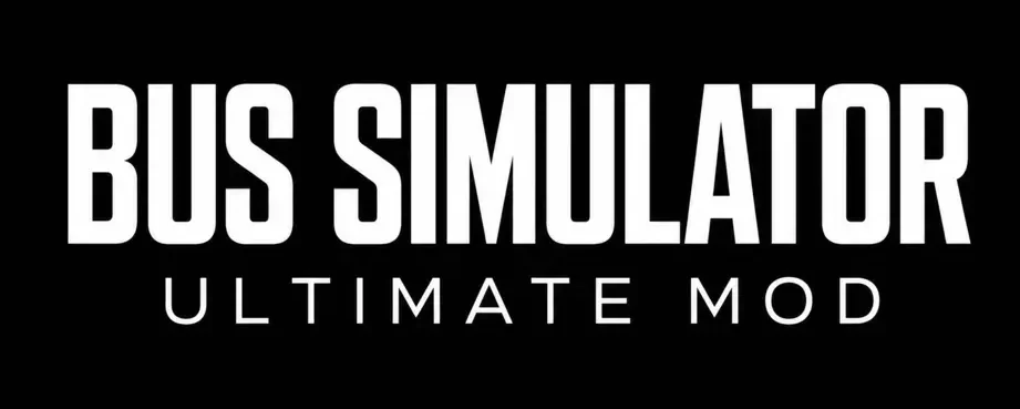 Minimalist black and white text logo for Bus Simulator Ultimate Mod with bold modern typography.
