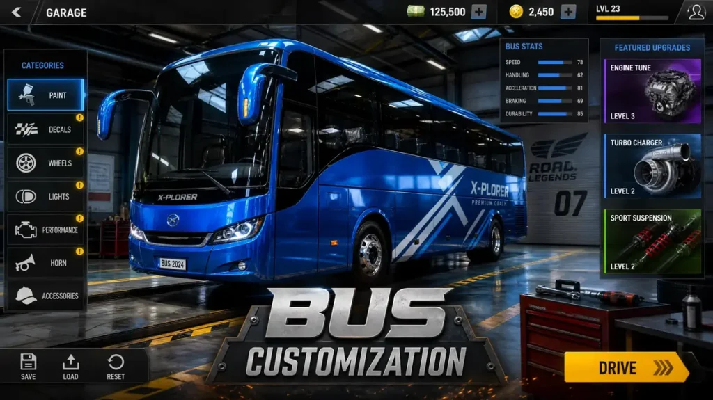 A bus in a customization garage with performance upgrade icons and a metallic blue paint job in Bus Simulator Offline.