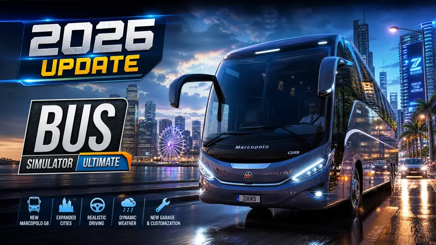 Bus Simulator Ultimate 2026 update banner with Marcopolo G8.