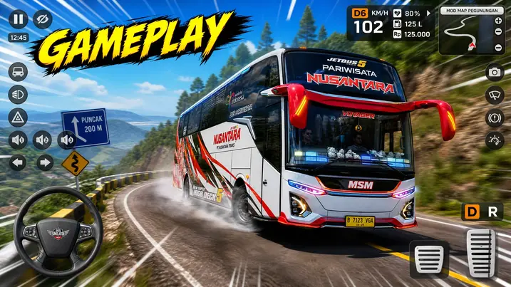Bus Simulator Indonesia gameplay screenshot showing a bus on a scenic mountain route.