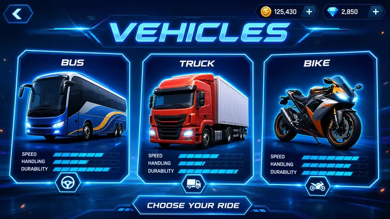 BUSSID vehicle garage menu displaying different available vehicles like buses and trucks.