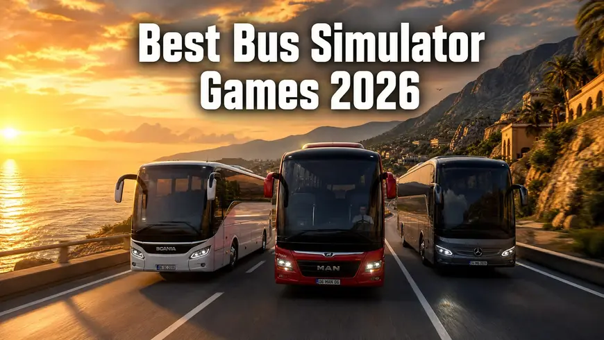 Coastal highway par sunset ke waqt teen shandaar buses ka cinematic view jo top games ko represent karta hai.