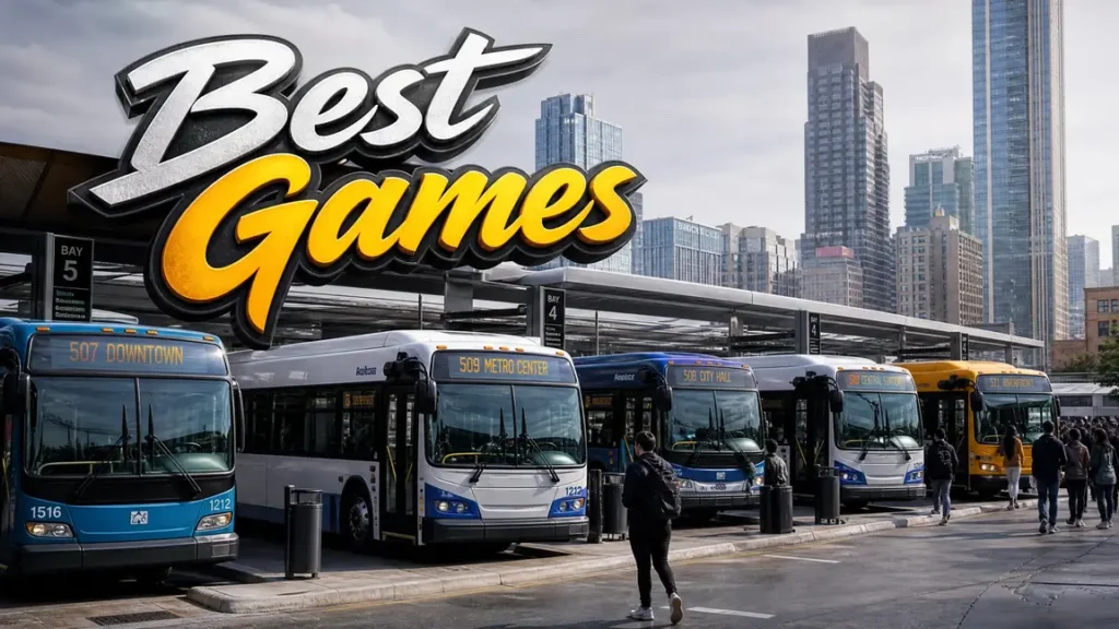 A busy bus terminal with several different buses for the best simulator games.