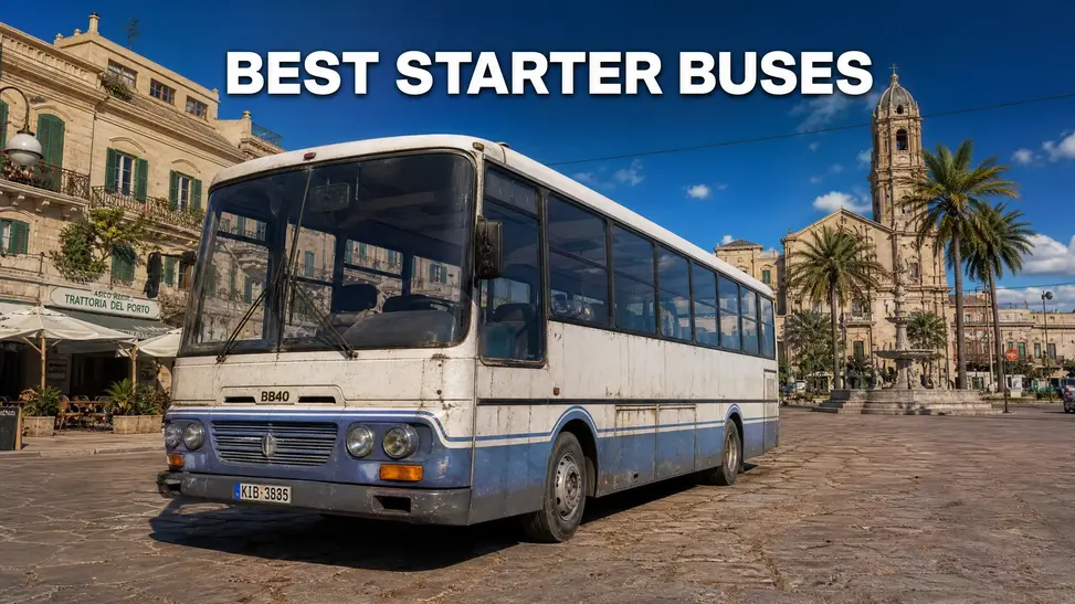 Second-hand BB40 bus in a sunny city square Best Buses to Choose in Career Mode.