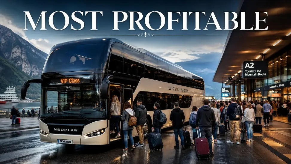 Neoplan Skyliner double-decker bus at a busy tourist terminal.