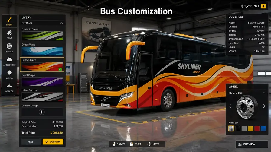 Garage mein bus ko customize karne aur naye liveries aur wheels lagane ka manzar.