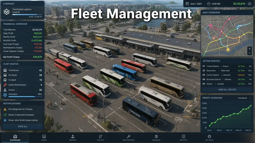 Bus terminal ka aerial view jo transport company aur fleet management ke system ko dikhata hai.