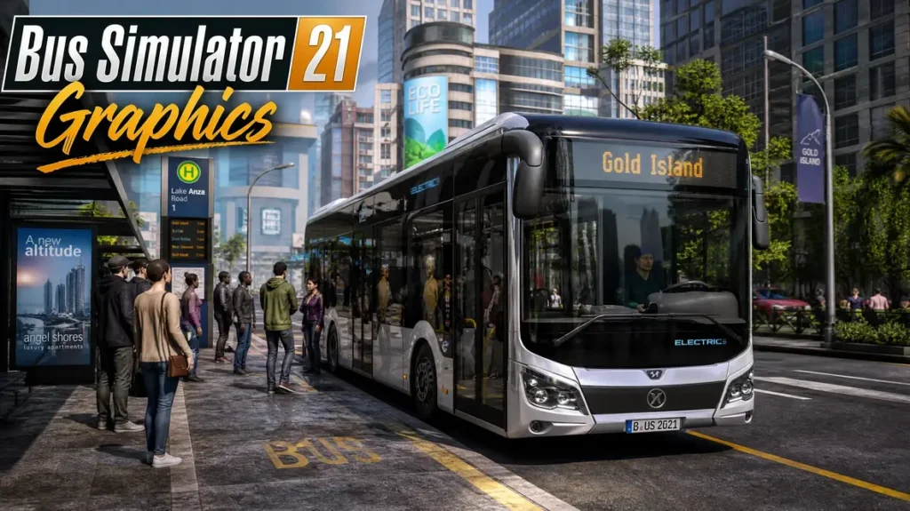 Electric bus at busy city bus stop.