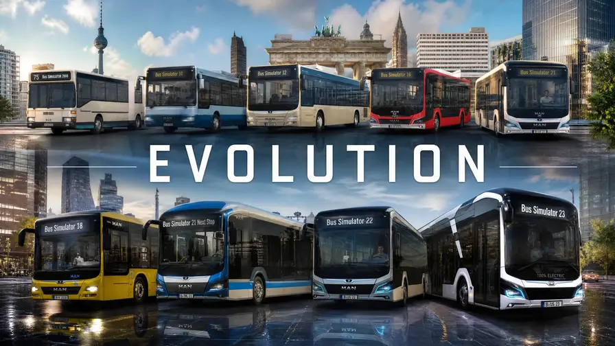 A collage of various buses from different eras with the text 'EVOLUTION'.