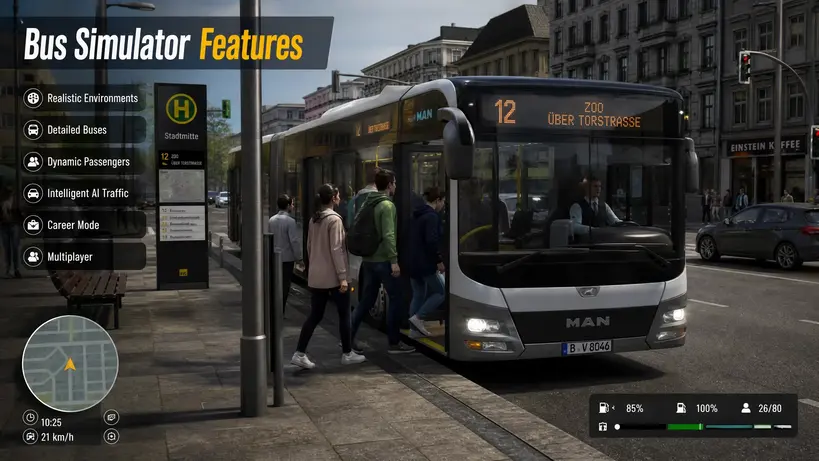 Bus Simulator Features showing passenger transport in city