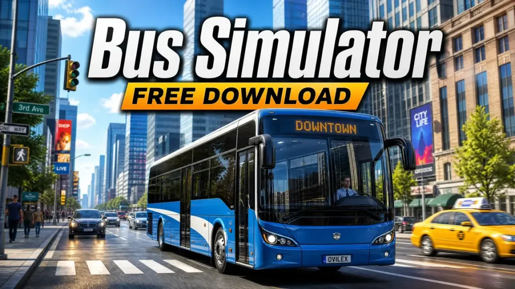 A modern passenger bus driving through a busy city street with Bus Simulator Free Download text overlay.