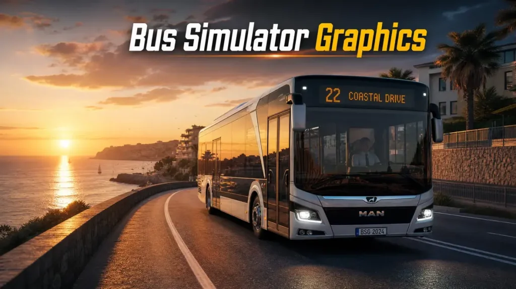 Modern city bus on coastal road at sunset.