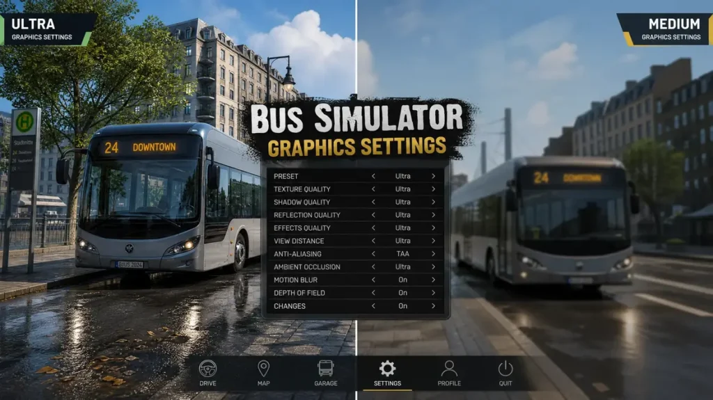 Comparison of bus simulator graphics settings.