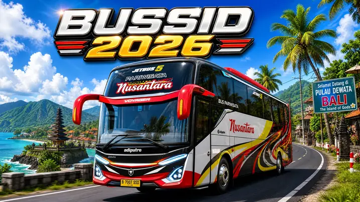 BUSSID 2026 mobile game promotional banner featuring a modern Indonesian bus.