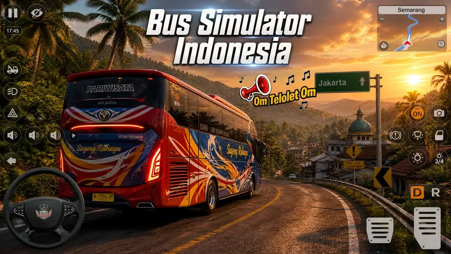 An Indonesian AKAP bus with colorful livery driving on a winding tropical road in Bus Simulator Indonesia.