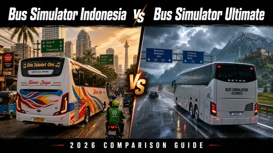 Side-by-side comparison of Bus Simulator Indonesia (BUSSID) and Bus Simulator Ultimate (BSU) gameplay scenes.