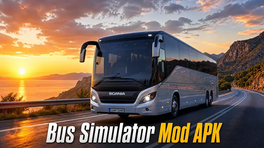 Modern bus driving on scenic highway sunset.