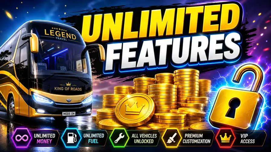 A luxury bus next to a pile of gold coins and an open padlock with the text Unlimited Features.