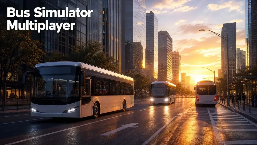 Modern buses driving through a city at sunrise for Bus Simulator Multiplayer.