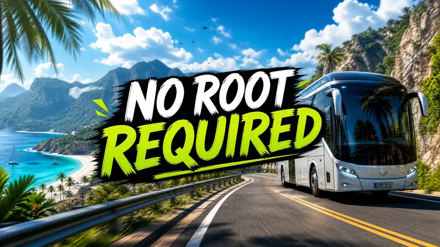 A modern tourist bus driving on a coastal highway with a bold text overlay saying No Root Required.