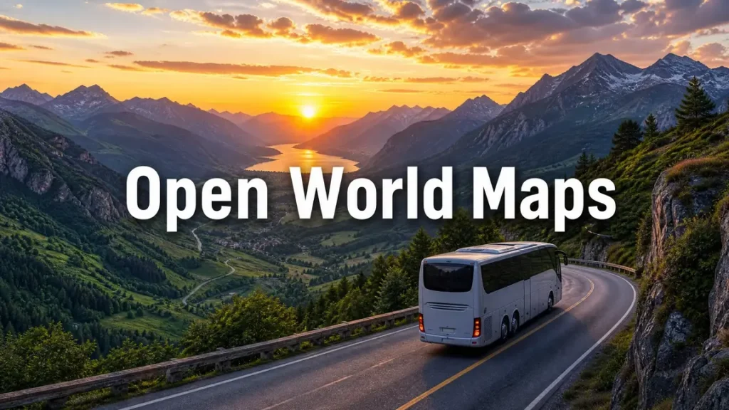 A coach bus on a scenic mountain road at sunset with Open World Maps text.