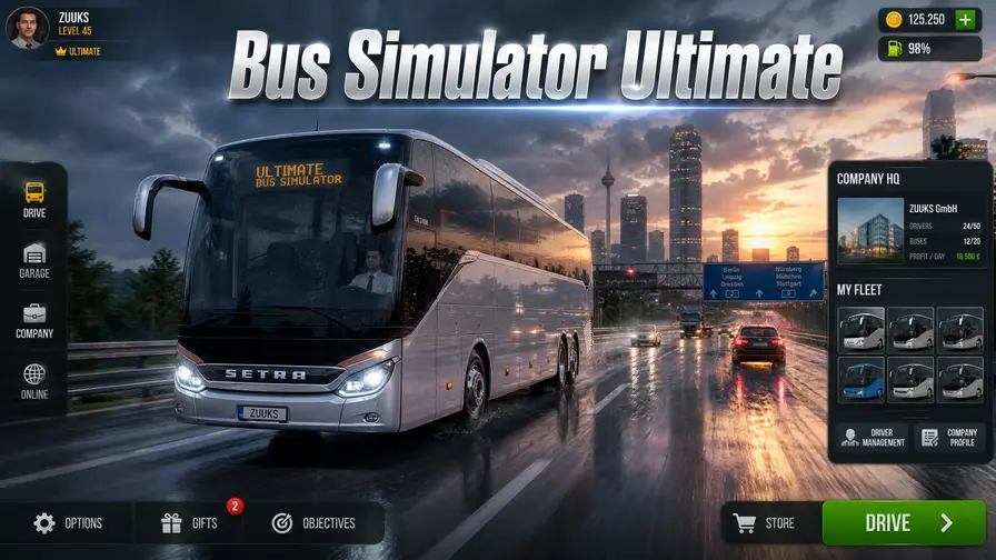 A modern luxury coach bus driving on an international highway with realistic rain effects in Bus Simulator Ultimate.