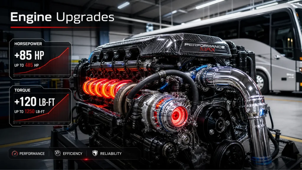 High-performance bus engine with glowing parts and HP stats