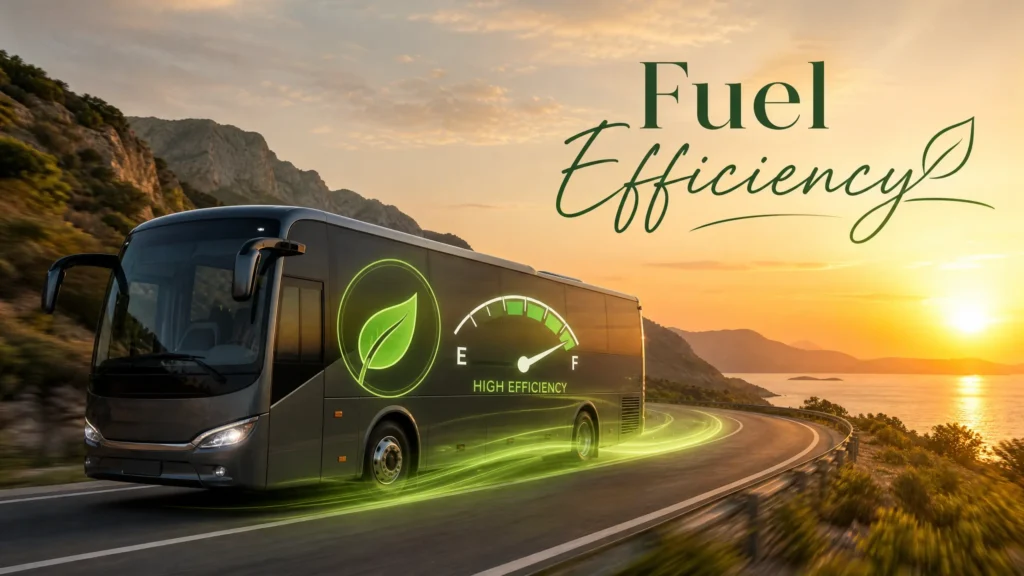Sleek bus driving at sunset with green fuel efficiency icon