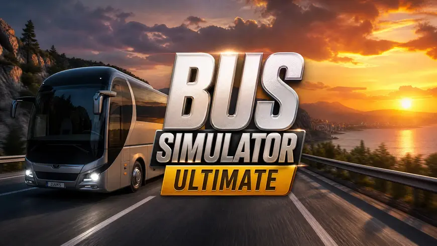 Cinematic 3D render of a luxury bus on a highway at sunset for Bus Simulator Ultimate