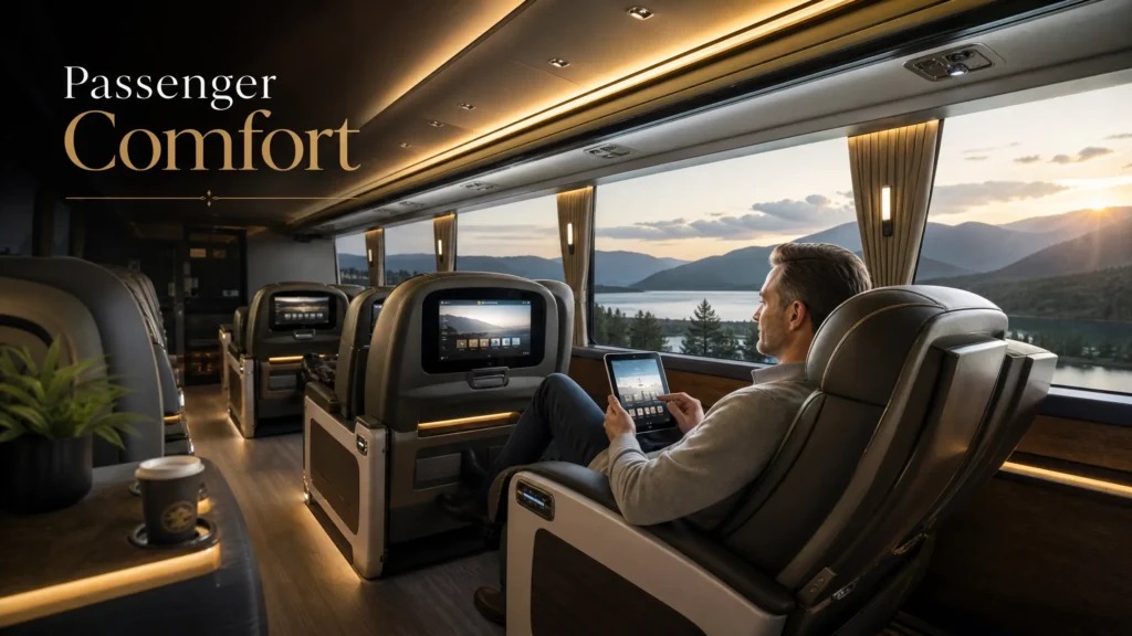 Upgrades
Luxury bus interior with leather seats and LED lighting