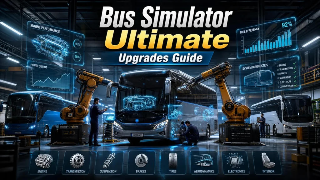 Modern bus garage with upgraded buses and holographic stats