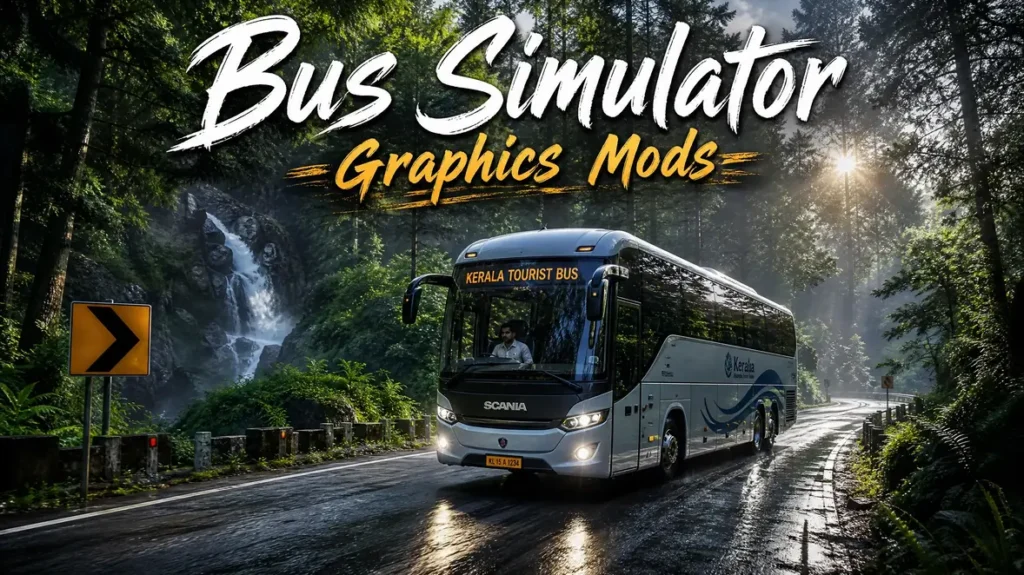 Modded bus simulator scene with forest fog.