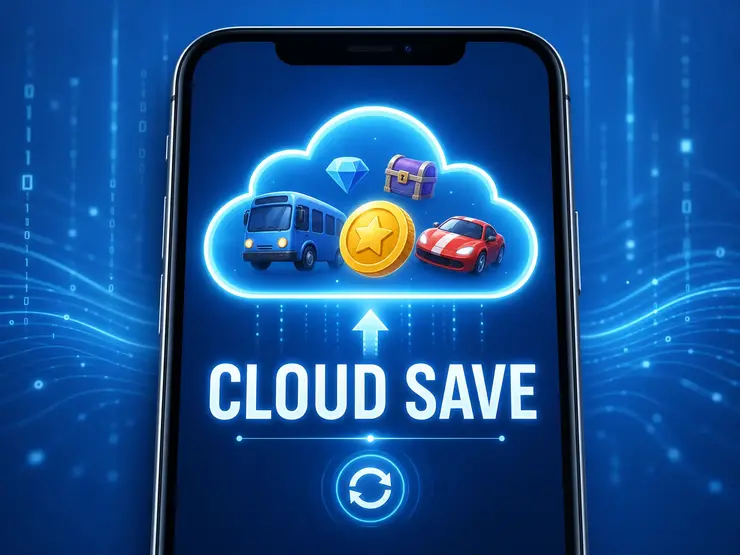 Digital illustration of cloud save and account sync feature in Bus Simulator Ultimate